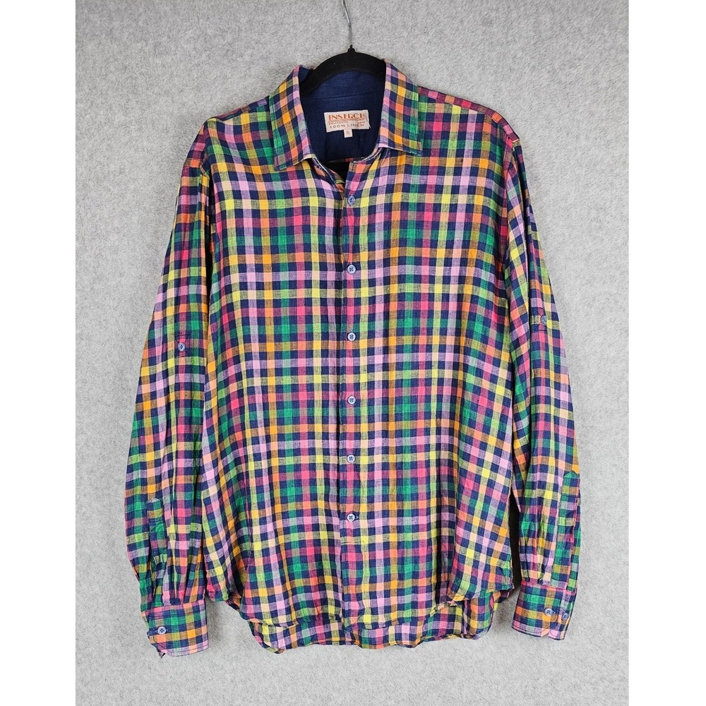 Inserch Mens XL 100% Linen Button Down Shirt Multicolor Plaid Roll Tab Sleeve